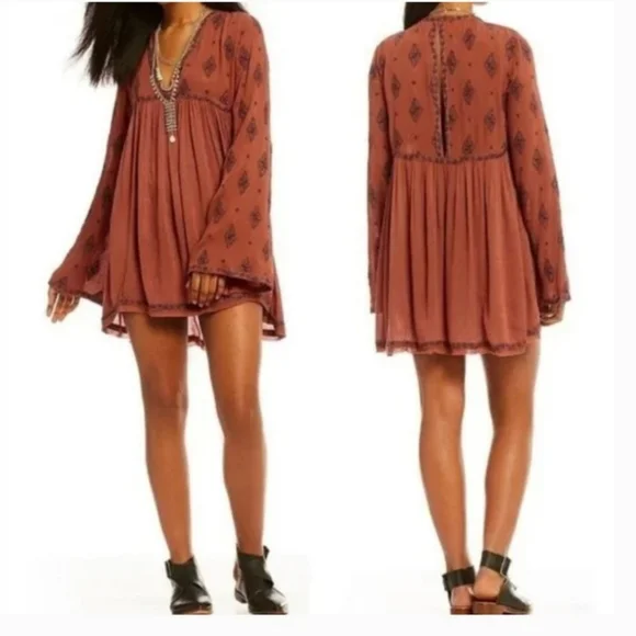 FREE PEOPLE Flowy Boho Tunic Dress Cottage Embroidered Burnt Orange Blu Roomy XS - Picture 10 of 11